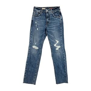 Pilcro Size 25 Distressed Vintage Straight High Rise Raw Hem Rigid Denim Jean